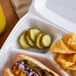 a hot dog and chips in a styrofoam container