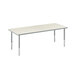 A white rectangular table with silver mesh legs.