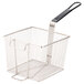 A black wire fryer basket with a front hook.