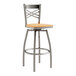 A Lancaster Table & Seating metal bar stool with a natural wood seat and a clear coat finish.