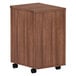 An Alera Valencia modern walnut wooden mobile pedestal with three drawers on wheels.