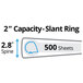 A diagram of the capacity of Avery White Heavy-Duty View Binder with 2" Locking One Touch Slant Rings.
