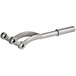A silver curved metal lever with three holes.