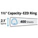 A diagram showing the capacity of an Avery Chartreuse heavy-duty binder with 1 1/2 inch locking One Touch EZD rings.