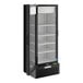 A black metal Beverage-Air refrigerated merchandiser with glass doors and shelves.