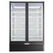 A black Beverage-Air refrigerator with glass doors.