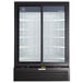 A black Beverage-Air Marketeer series glass door refrigerator with shelves inside.