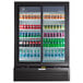 A black Beverage-Air refrigerated glass door merchandiser filled with drinks.