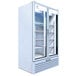 A Beverage-Air white glass door refrigerator with two shelves.