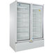 A white Beverage-Air Marketeer refrigerated merchandiser with glass doors and two shelves.