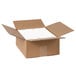 A brown cardboard box with white rectangular Avery shipping labels inside.