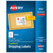 A blue rectangular package of Avery inkjet shipping labels with a white label and yellow border.