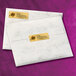 Two white envelopes with gold foil return address labels.