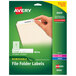 A hand holding a package of white Avery removable file folder labels.