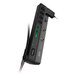 A close-up of a black APC SurgeArrest power strip with a green light on it.
