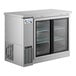 An Avantco stainless steel back bar refrigerator with narrow sliding glass doors.
