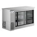 An Avantco stainless steel back bar refrigerator with narrow sliding glass doors.