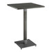 A Lancaster Table & Seating square bar height table with a metal base and a square wood top.