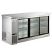 An Avantco stainless steel back bar refrigerator with glass doors.