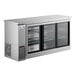 An Avantco stainless steel back bar refrigerator with glass doors.