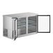 An Avantco stainless steel back bar refrigerator with glass doors.