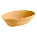 A tan plastic oval serving basket with a weave pattern and handles.