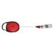 An Advantus carabiner-style retractable ID card reel in red and silver with a long thin line.