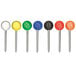 A row of Advantus plastic map tacks with metal poles and red, green, yellow, blue, and white tops.