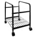 A black metal cart with wheels.