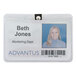 A woman wearing a clear horizontal Advantus ID badge holder with a clip containing a name tag.