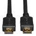 A close-up of a Tripp Lite black HDMI cable with gold connectors.