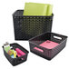 A group of three black Advantus plastic weave bins filled with stationery.