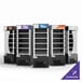 An Avantco refrigerated air curtain merchandiser with a white background and black shelves full of different flavors.