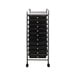 A smoke gray portable drawer cart with 10 drawers on wheels.