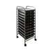 A smoke gray portable drawer cart with wheels and ten drawers.