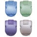 A close-up of four different colored plastic Advantus wall clips.