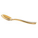 A Bon Chef stainless steel soup/dessert spoon with a gold handle.