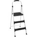 A Cosco black and silver step stool with a black handle.