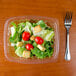 A Dart clear rectangular plastic container filled with a salad with tomatoes, lettuce, and croutons.