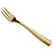 A close-up of a Bon Chef gold stainless steel oyster fork with a white background.