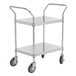 A silver Regency stainless steel two shelf cart with black wheels.