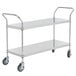 A silver metal Regency two shelf utility cart with black wheels.