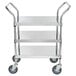 A Regency stainless steel three shelf utility cart with wheels.