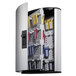 A Durable brushed aluminum key cabinet with 72 key tags inside.