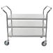 A Regency stainless steel three shelf utility cart with wheels.