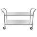 A silver Regency stainless steel two shelf cart with wheels.