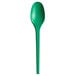 A green EcoChoice heavy weight CPLA plastic spoon with a handle.