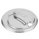 A silver round Vollrath stainless steel lid with a handle.