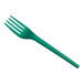 A green heavy weight compostable plastic fork.