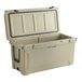 A tan CaterGator outdoor cooler with the lid open.